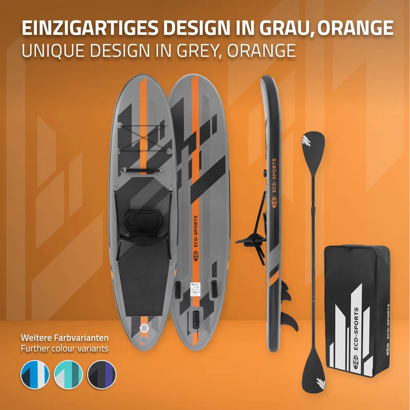 Stand Up Paddle aufblasbares SUP Board mit Kajak Sitz 320x82x15 cm in Grau/Orange aus PVC inkl. Pumpe und Tragetasche