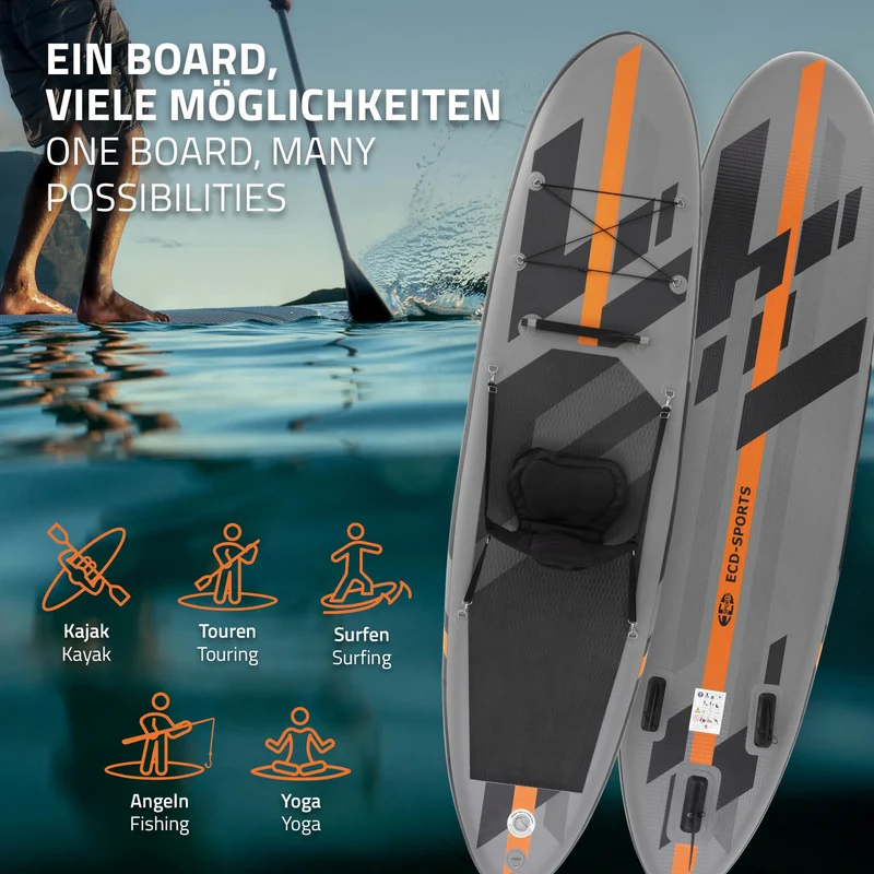 Stand Up Paddle aufblasbares SUP Board mit Kajak Sitz 320x82x15 cm in Grau/Orange aus PVC inkl. Pumpe und Tragetasche