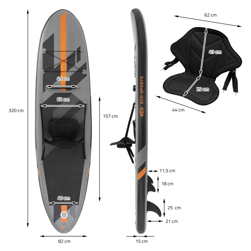 Stand Up Paddle aufblasbares SUP Board mit Kajak Sitz 320x82x15 cm in Grau/Orange aus PVC inkl. Pumpe und Tragetasche