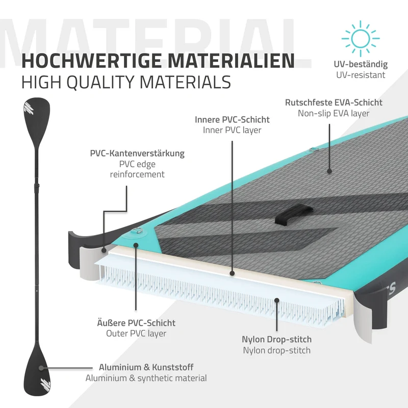 Stand Up Paddle aufblasbares SUP Board mit Kajak Sitz 320x82x15 cm in Türkis aus PVC inkl. Pumpe und Tragetasche