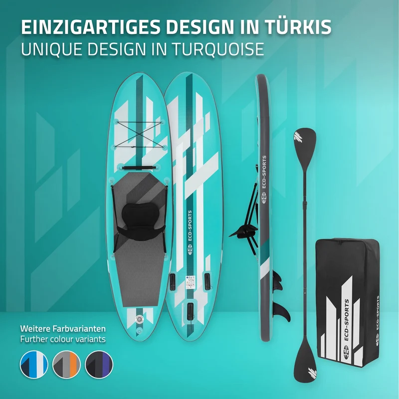 Stand Up Paddle aufblasbares SUP Board mit Kajak Sitz 320x82x15 cm in Türkis aus PVC inkl. Pumpe und Tragetasche