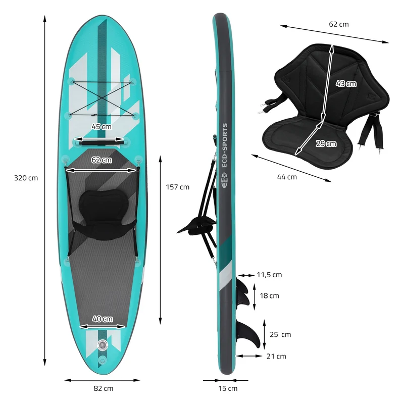 Stand Up Paddle aufblasbares SUP Board mit Kajak Sitz 320x82x15 cm in Türkis aus PVC inkl. Pumpe und Tragetasche