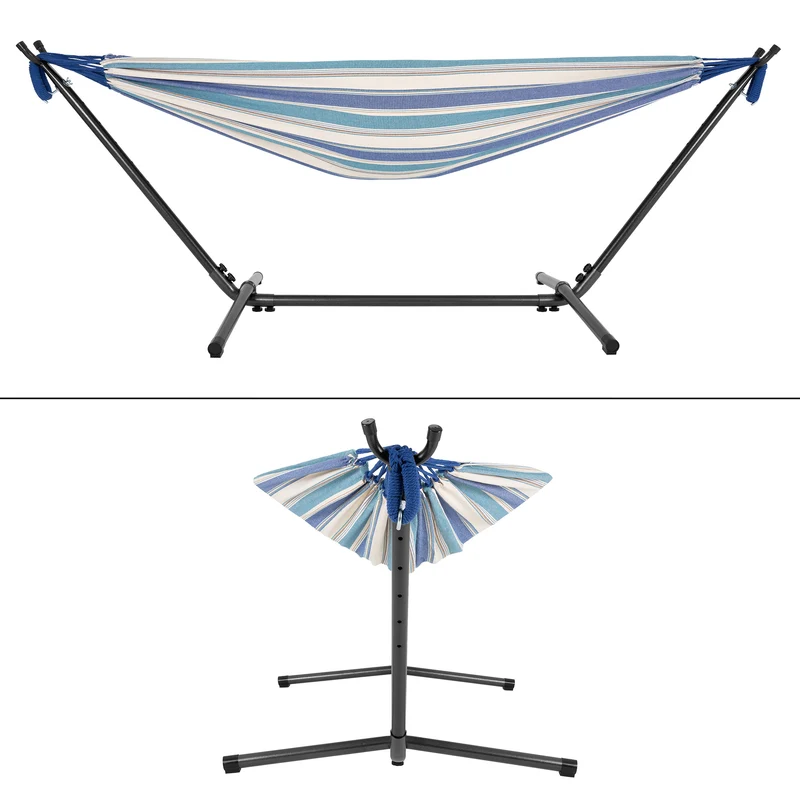 Hängematte XXL Blau/Weiß 275x110x98 cm mit Gestell aus Polyester-Baumwolle maximal belastbar 200kg ML-Design