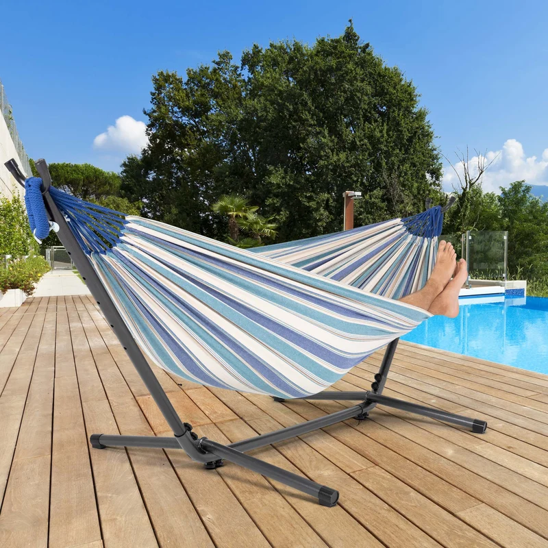 Hängematte XXL Blau/Weiß 275x110x98 cm mit Gestell aus Polyester-Baumwolle maximal belastbar 200kg ML-Design
