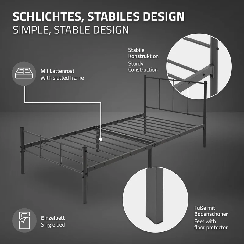Bettgestell Einzelbett 90x200cm aus Metall in Anthrazit mit Lattenrost ML-Design
