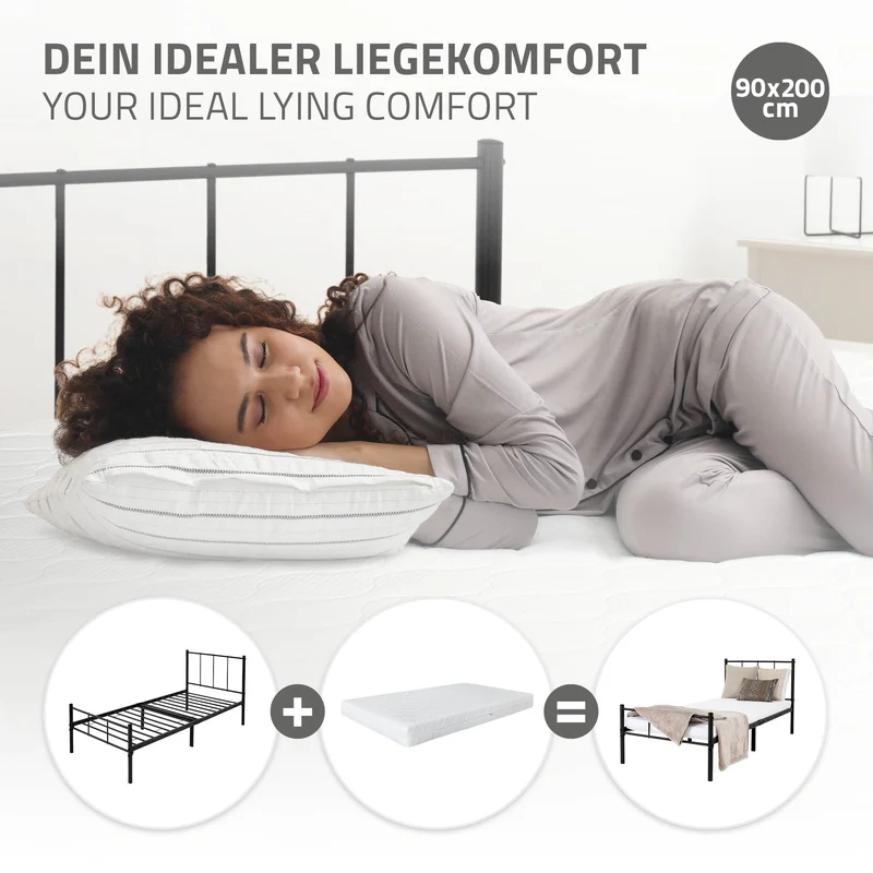 Bettgestell Einzelbett 90x200cm aus Metall in Schwarz mit Lattenrost ML-Design