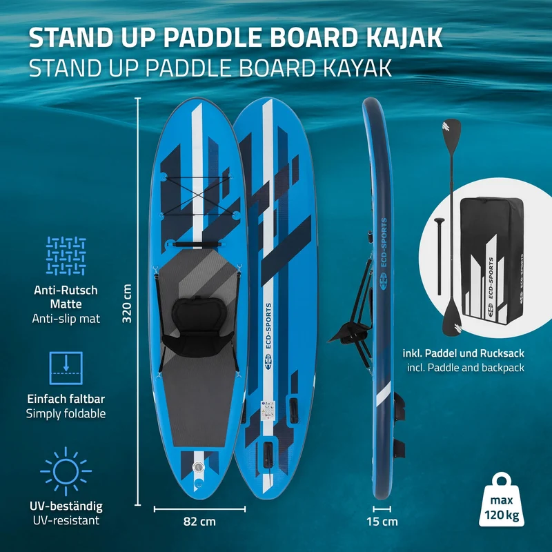 Stand Up Paddle aufblasbares SUP Board mit Kajak Sitz 320x82x15 cm in Blau aus PVC inkl. Pumpe und Tragetasche