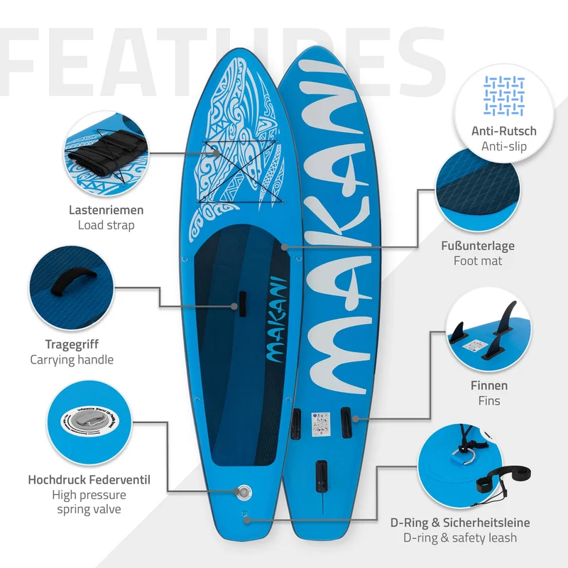 Stand Up Paddle aufblasbares SUP Board Makani 320x80x15 cm in Blau aus PVC inkl. Pumpe und Tragetasche
