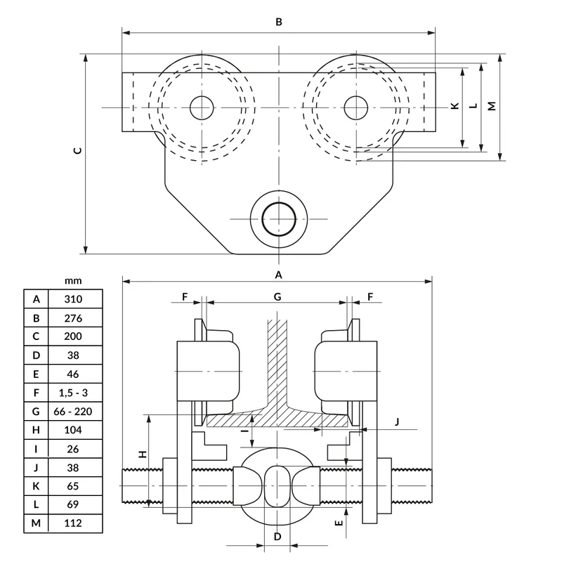 Laufkatze Rollfahrwerk 2000 kg Flanschbreite ca. 66-220 mm