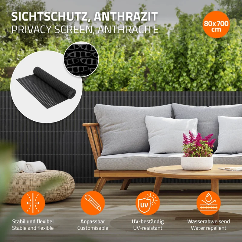 Sichtschutzmatte 80x700 cm Sichtschutzzaun Windschutz Balkonschutz PVC Anthrazit UV-beständig