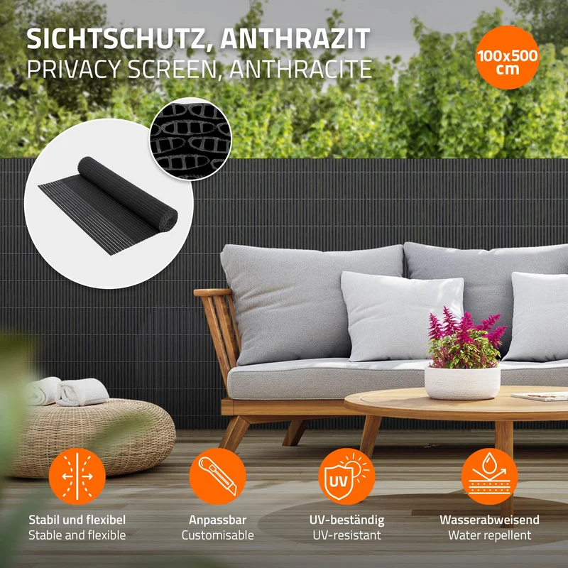Sichtschutzmatte 100x500 cm Sichtschutzzaun Windschutz Balkonschutz PVC Anthrazit UV-beständig