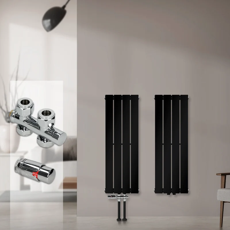 Badheizkörper Einlagig Vertikal 300x900 mm Schwarz inkl. Anschlussgarnitur mit Thermostat Durchgangsform LuxeBath