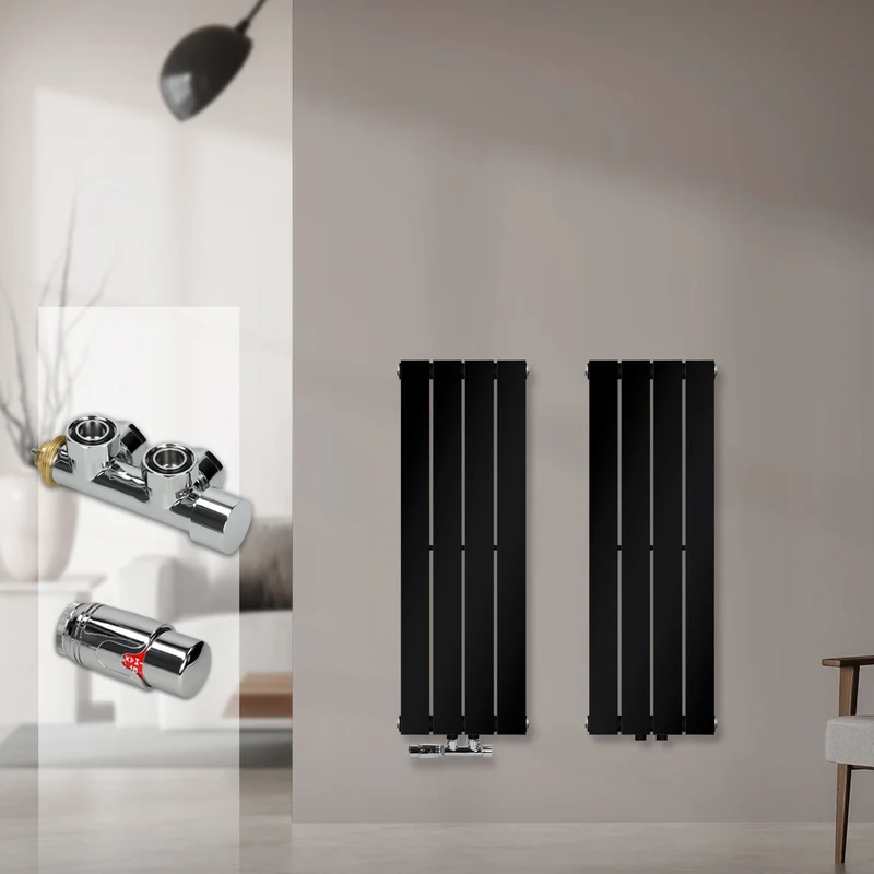 Badheizkörper Einlagig Vertikal 300x900 mm Schwarz inkl. Anschlussgarnitur mit Thermostat Eckform LuxeBath