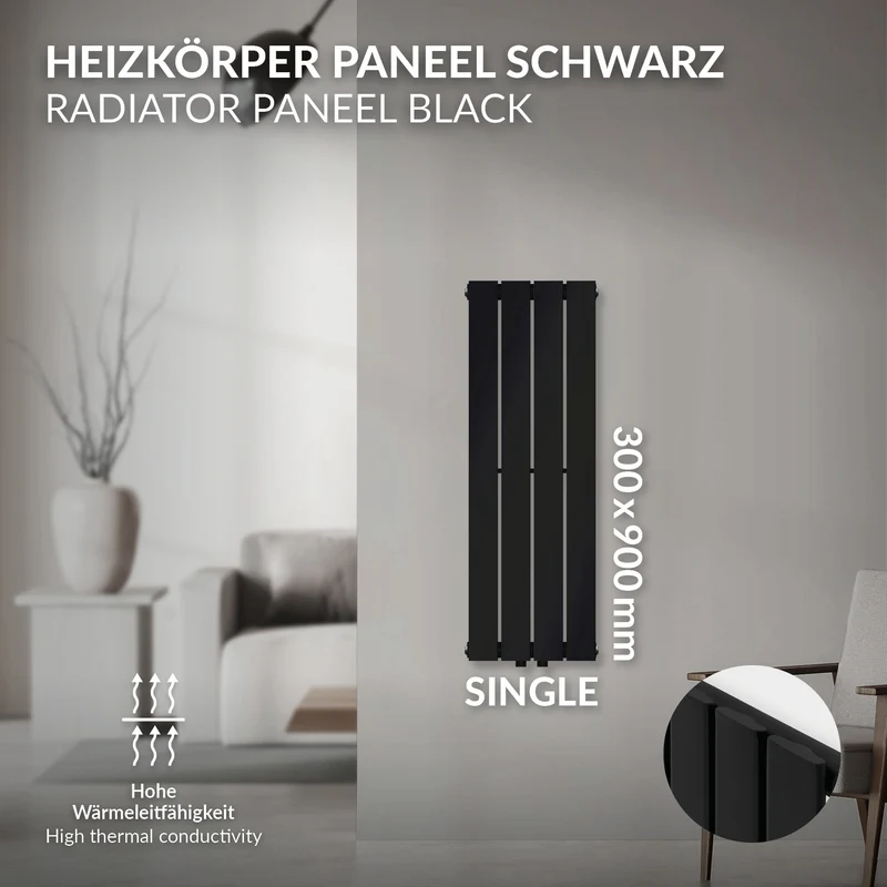 Badheizkörper Einlagig Vertikal 300x900 mm Schwarz inkl. Anschlussgarnitur mit Thermostat Universal LuxeBath