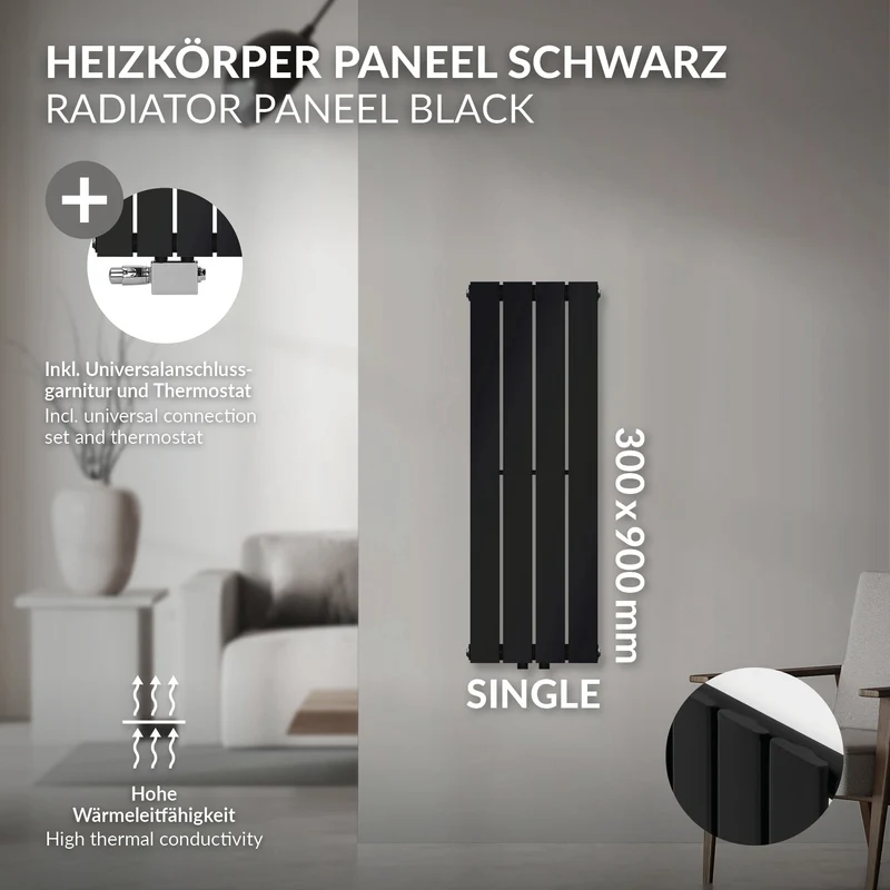 Badheizkörper Einlagig Vertikal 300x900 mm Schwarz inkl. Anschlussgarnitur mit Thermostat Universal LuxeBath