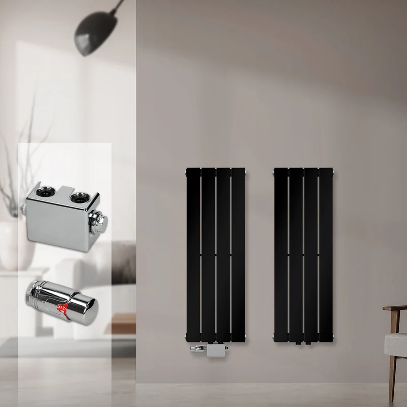 Badheizkörper Einlagig Vertikal 300x900 mm Schwarz inkl. Anschlussgarnitur mit Thermostat Universal LuxeBath