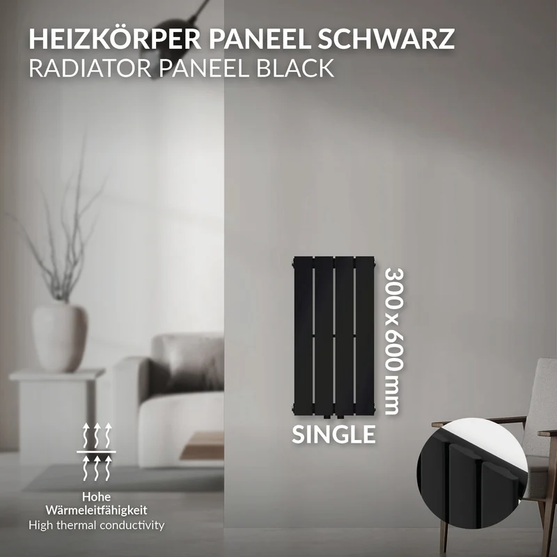 Badheizkörper Einlagig Vertikal 300x600 mm Schwarz inkl. Anschlussgarnitur mit Thermostat Durchgangsform LuxeBath