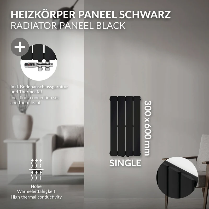 Badheizkörper Einlagig Vertikal 300x600 mm Schwarz inkl. Anschlussgarnitur mit Thermostat Durchgangsform LuxeBath