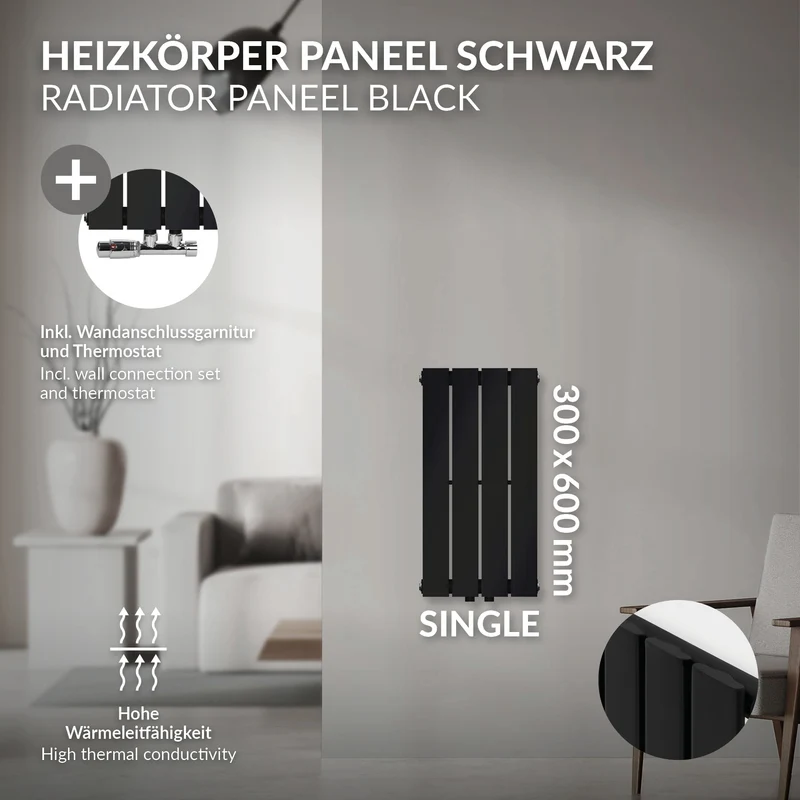 Badheizkörper Einlagig Vertikal 300x600 mm Schwarz inkl. Anschlussgarnitur mit Thermostat Eckform LuxeBath