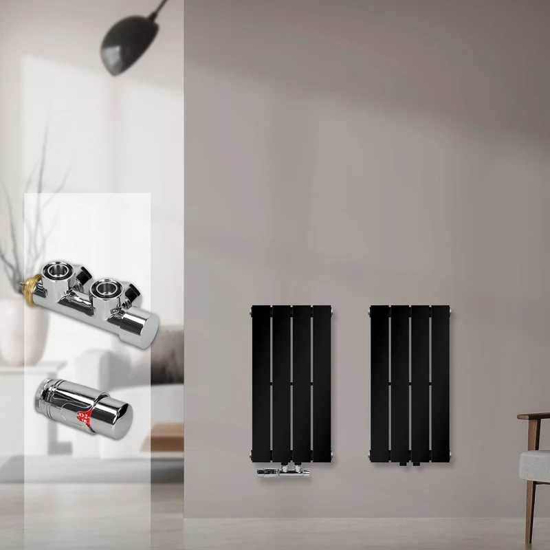 Badheizkörper Einlagig Vertikal 300x600 mm Schwarz inkl. Anschlussgarnitur mit Thermostat Eckform LuxeBath