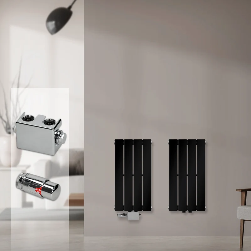 Badheizkörper Einlagig Vertikal 600x300 mm Schwarz inkl. Anschlussgarnitur mit Thermostat Universal LuxeBath