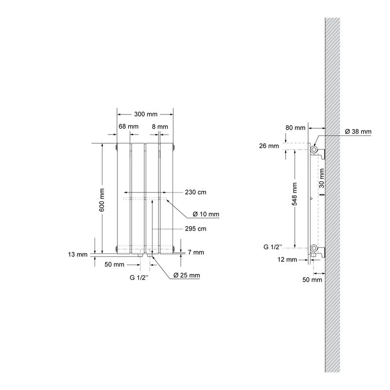 Paneelheizkörper Einlagig 600x300 mm Schwarz matt mit Mittelanschluss LuxeBath
