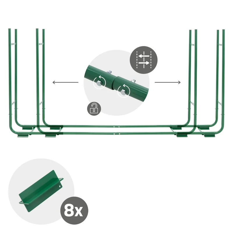 Kaminholzregal größenverstellbar 150-220 cm Länge 20-30 cm Breite Grün aus Metall