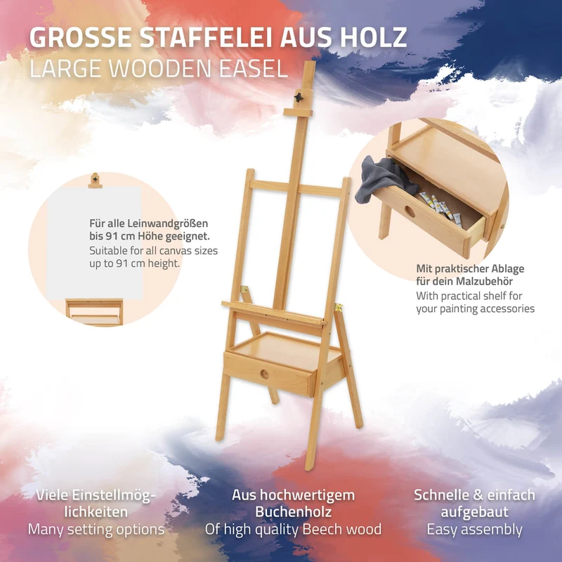 Premium Staffelei mit Schublade Aufnahme 151-195 cm Zeichenhöhe Braun aus Holz