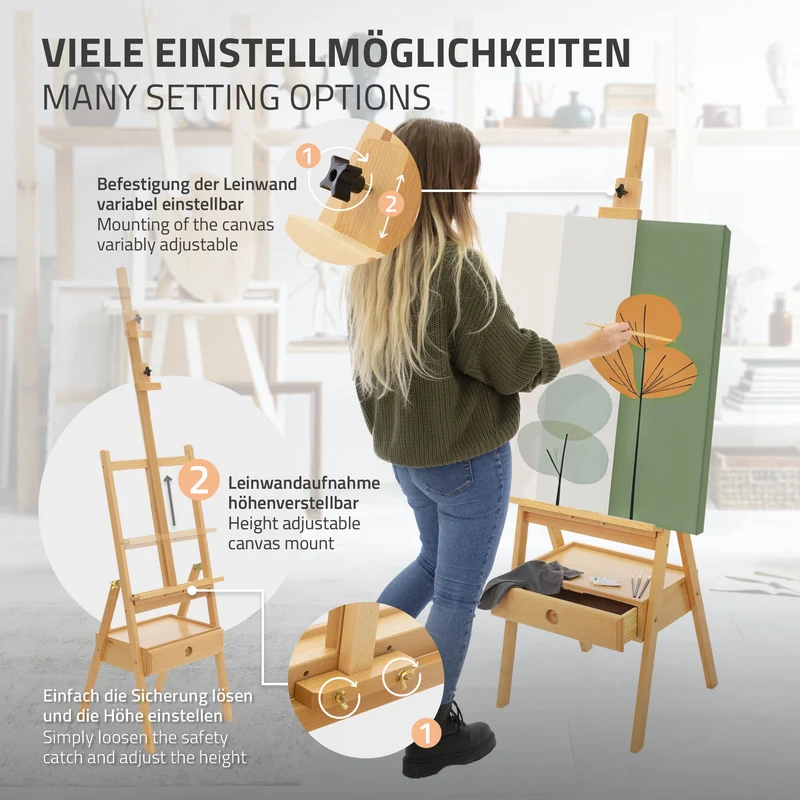 Premium Staffelei mit Schublade Aufnahme 151-195 cm Zeichenhöhe Braun aus Holz