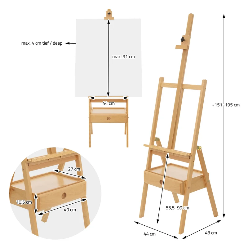 Premium Staffelei mit Schublade Aufnahme 151-195 cm Zeichenhöhe Braun aus Holz