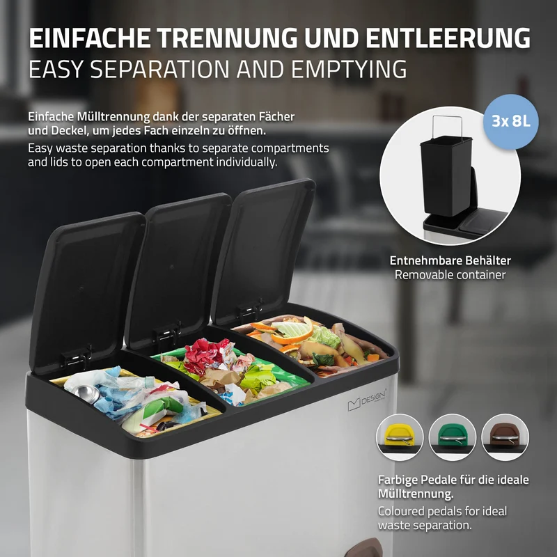 Mülleimer mit Trennsystem 3x 8L Silber aus Stahl ML-Design