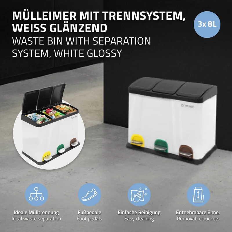 Mülleimer mit Trennsystem 3x 8L Weiß aus Stahl ML-Design
