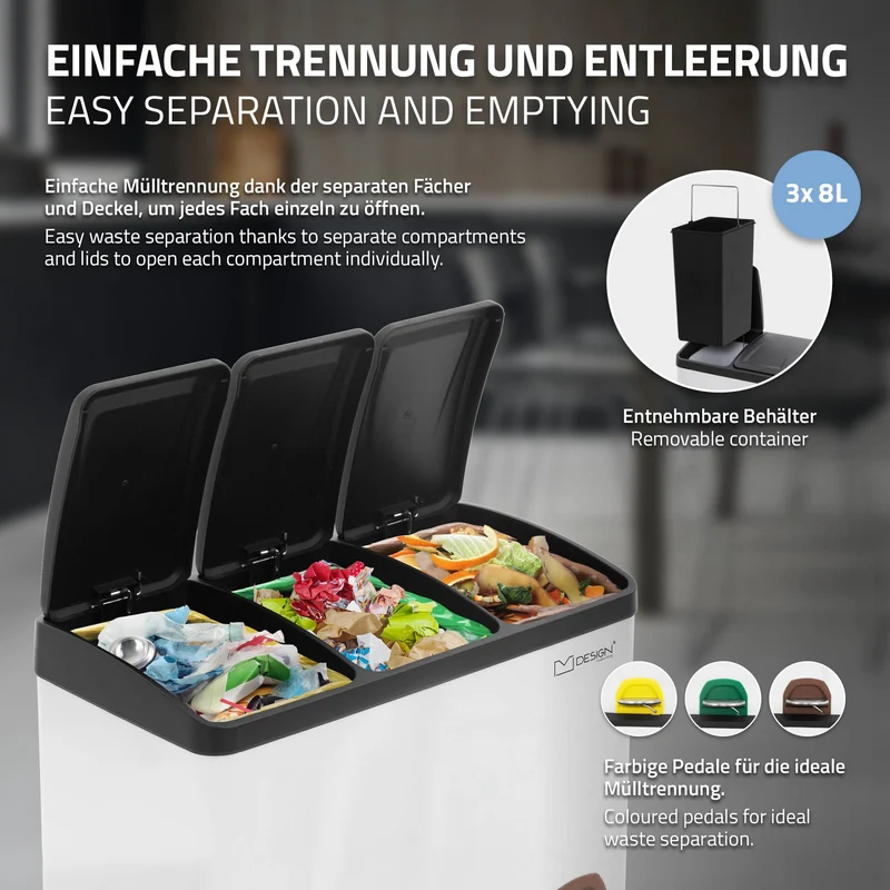 Mülleimer mit Trennsystem 3x 8L Weiß aus Stahl ML-Design
