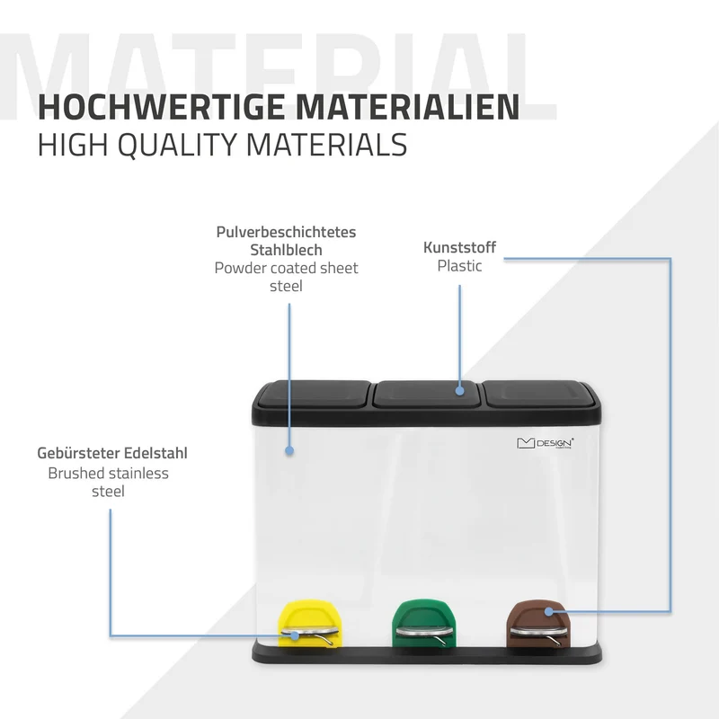 Mülleimer mit Trennsystem 3x 8L Weiß aus Stahl ML-Design