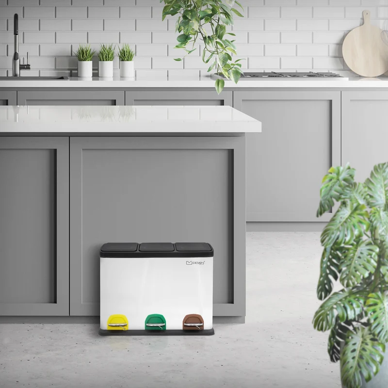 Mülleimer mit Trennsystem 3x 8L Weiß aus Stahl ML-Design