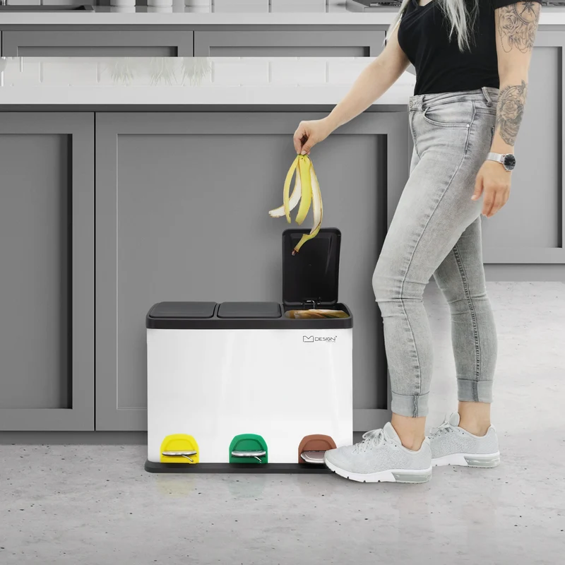 Mülleimer mit Trennsystem 3x 8L Weiß aus Stahl ML-Design