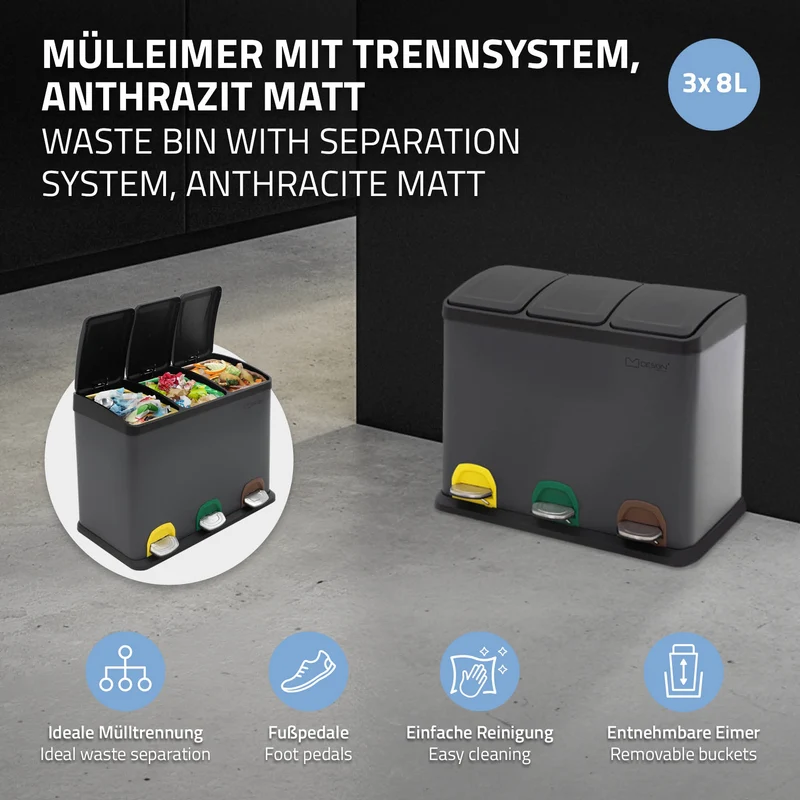 Mülleimer mit Trennsystem 3x 8L Anthrazit aus Stahl ML-Design