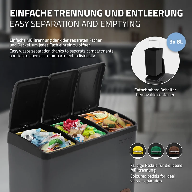 Mülleimer mit Trennsystem 3x 8L Anthrazit aus Stahl ML-Design