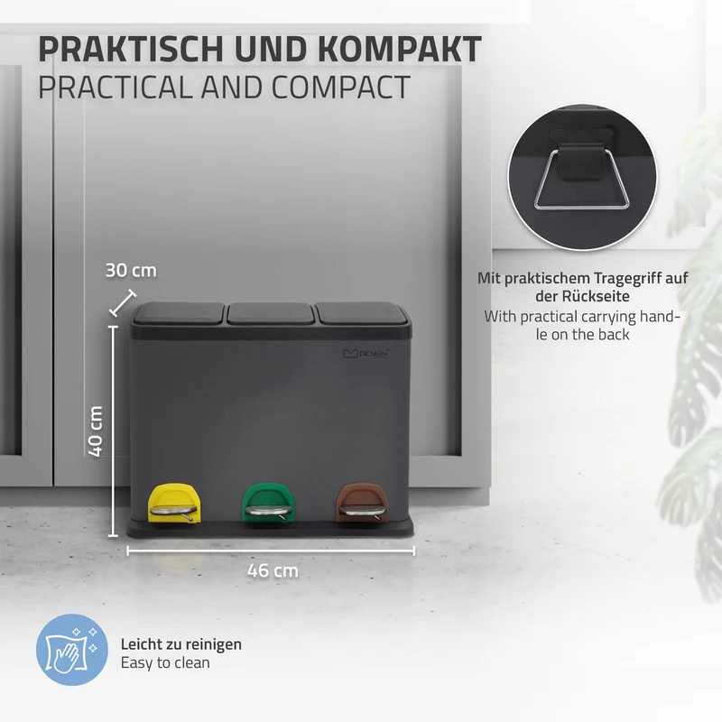 Mülleimer mit Trennsystem 3x 8L Anthrazit aus Stahl ML-Design
