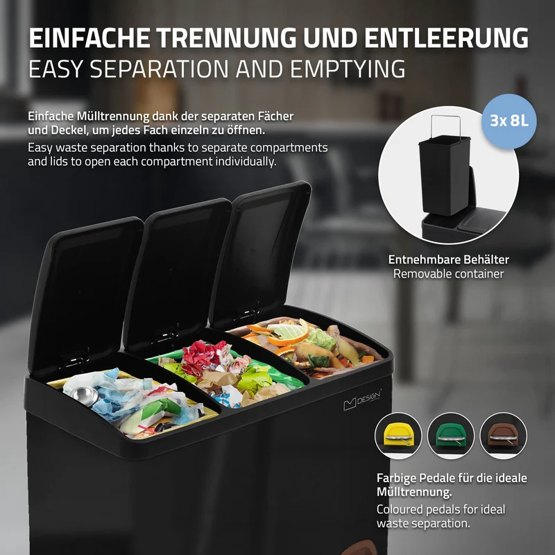 Mülleimer mit Trennsystem 3x 8L Schwarz aus Stahl ML-Design