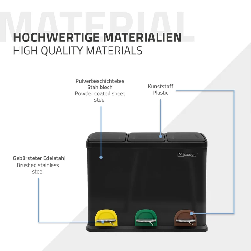 Mülleimer mit Trennsystem 3x 8L Schwarz aus Stahl ML-Design