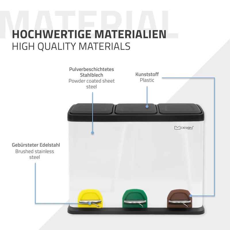 Mülleimer mit Trennsystem 3x 15L Weiß aus Stahl ML-Design