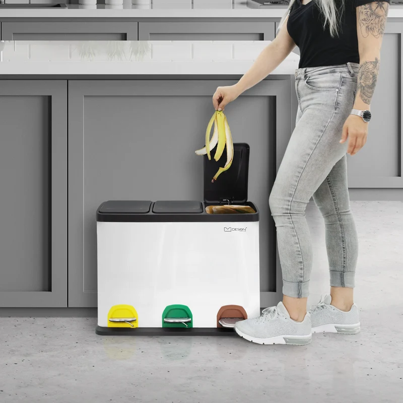 Mülleimer mit Trennsystem 3x 15L Weiß aus Stahl ML-Design
