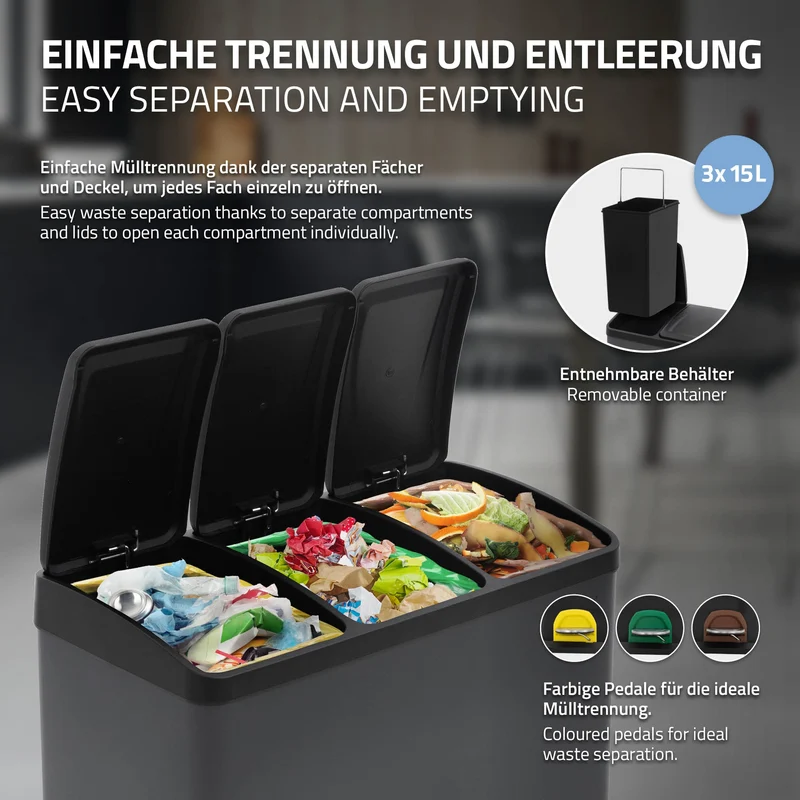 Mülleimer mit Trennsystem 3x 15L Anthrazit aus Stahl ML-Design