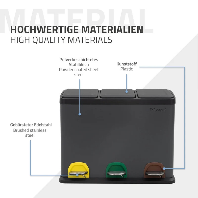 Mülleimer mit Trennsystem 3x 15L Anthrazit aus Stahl ML-Design