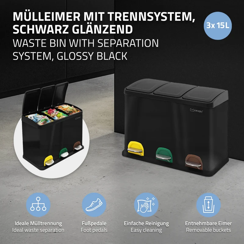 Mülleimer mit Trennsystem 3x 15L Schwarz aus Stahl ML-Design