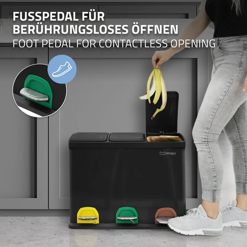 Mülleimer mit Trennsystem 3x 15L Schwarz aus Stahl ML-Design