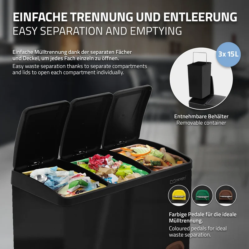 Mülleimer mit Trennsystem 3x 15L Schwarz aus Stahl ML-Design