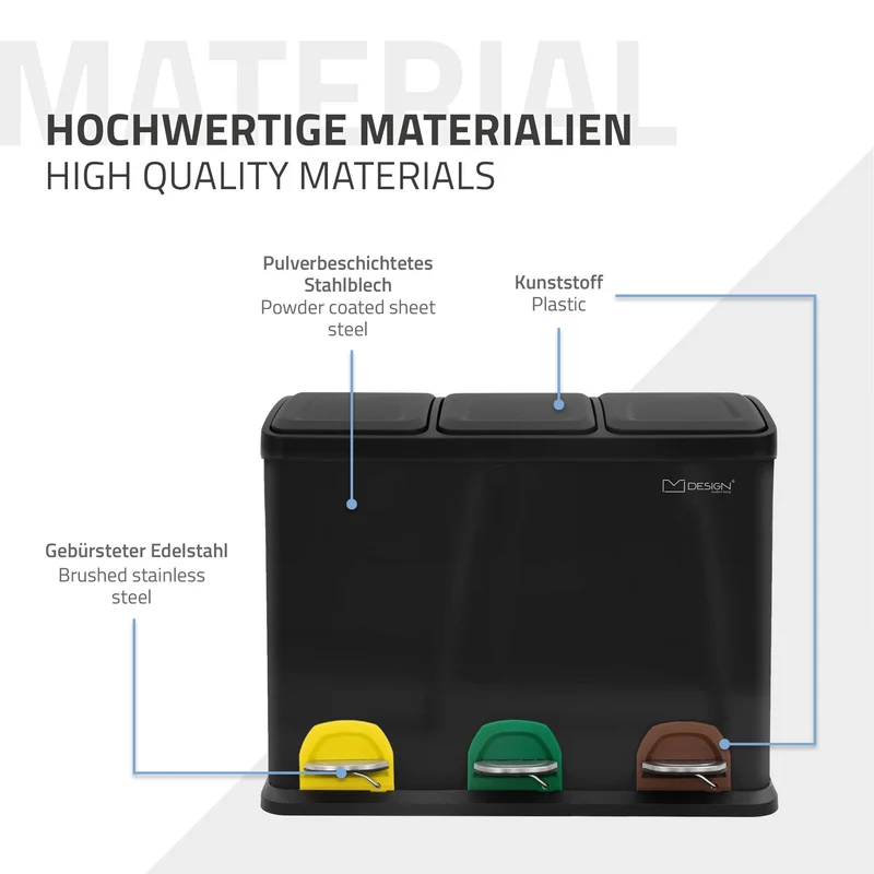 Mülleimer mit Trennsystem 3x 15L Schwarz aus Stahl ML-Design