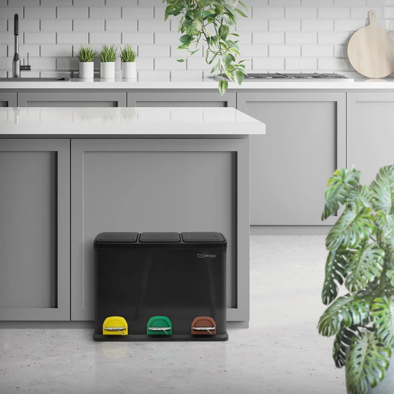 Mülleimer mit Trennsystem 3x 15L Schwarz aus Stahl ML-Design